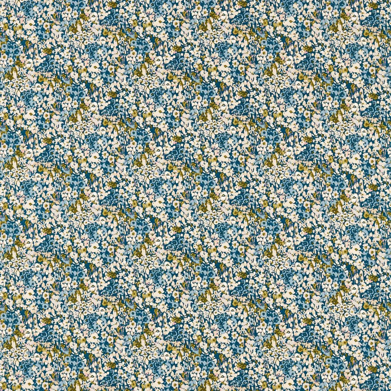 Dense cream and blush floral sprigs on a muted denim-blue ground with olive foliage