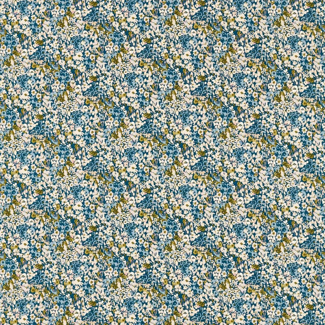 Dense cream and blush floral sprigs on a muted denim-blue ground with olive foliage