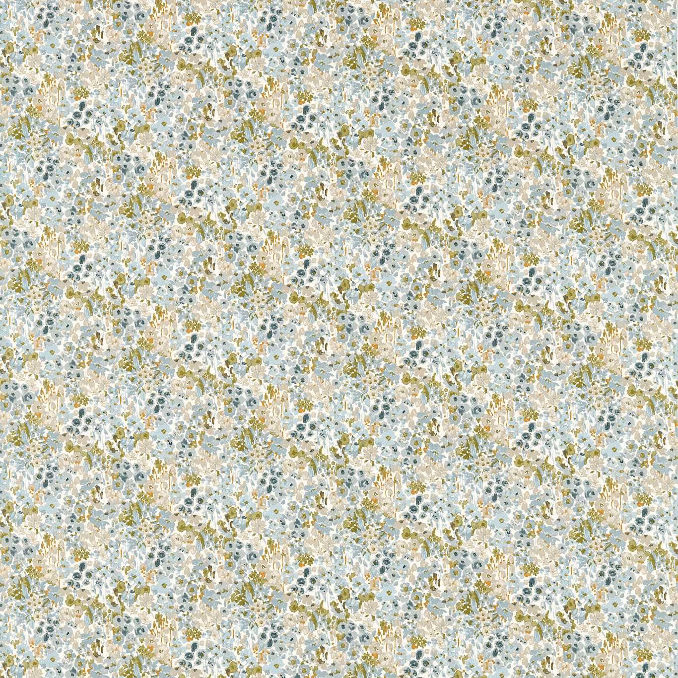 Pale mineral-blue floral sprigs with olive flecks across a creamy ground