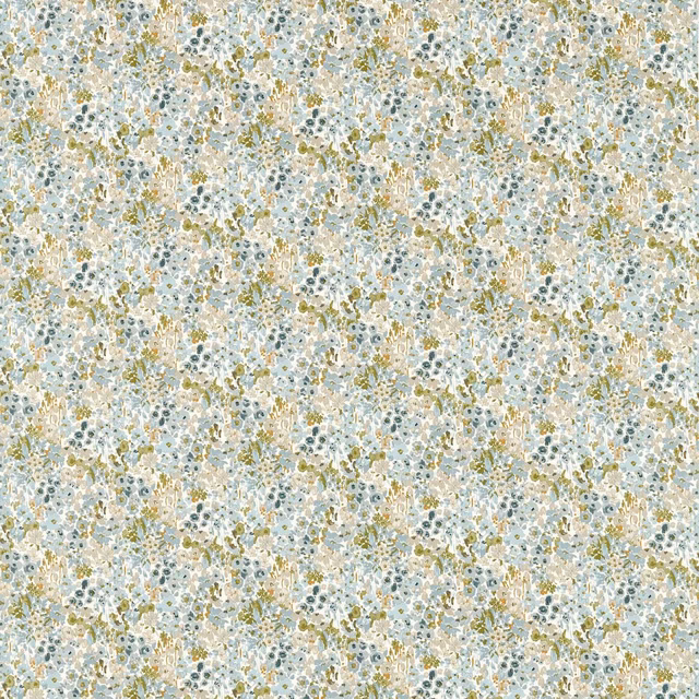 Pale mineral-blue floral sprigs with olive flecks across a creamy ground