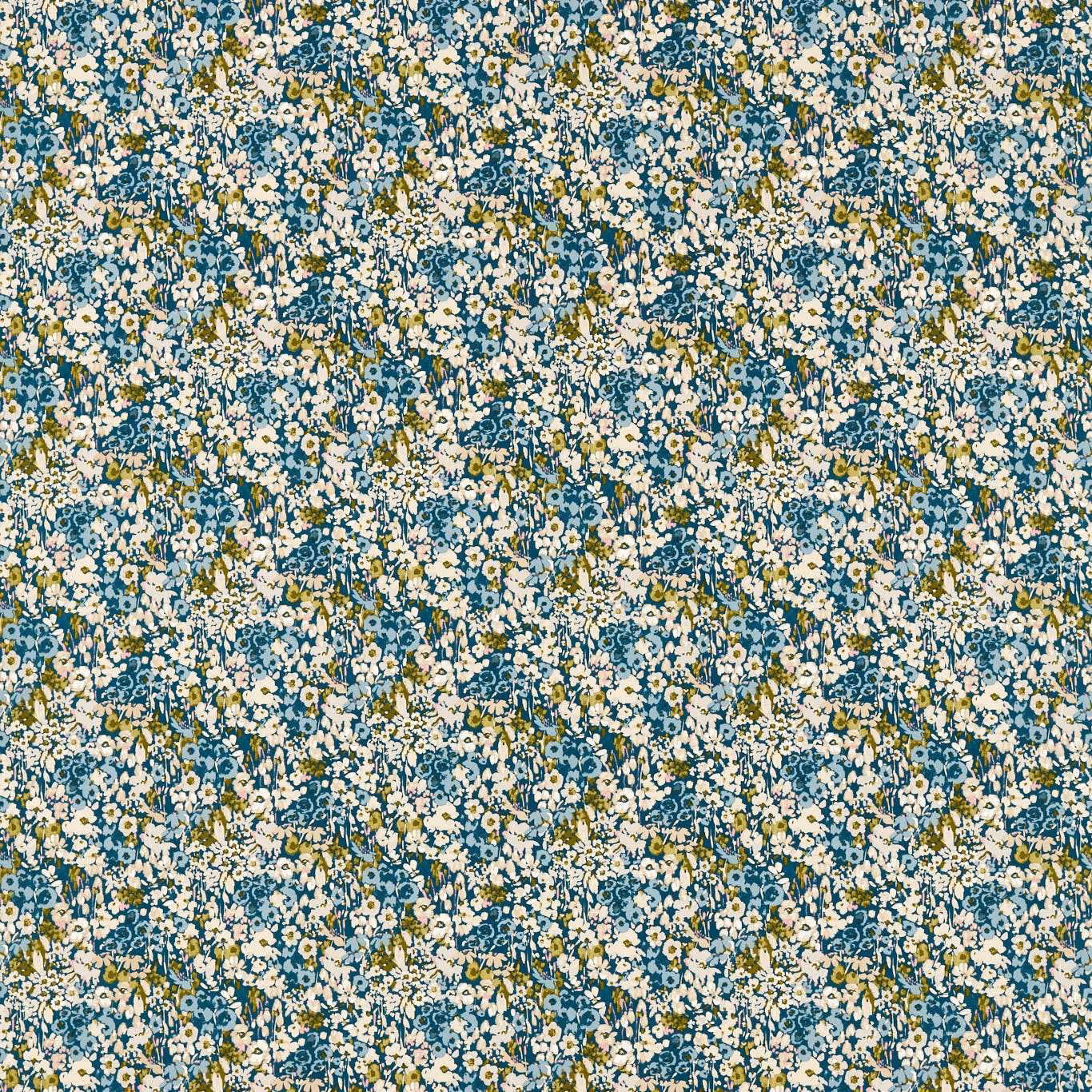 Dense cream floral sprigs over a deep teal-blue ground with olive foliage