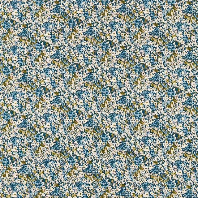 Dense cream floral sprigs over a deep teal-blue ground with olive foliage
