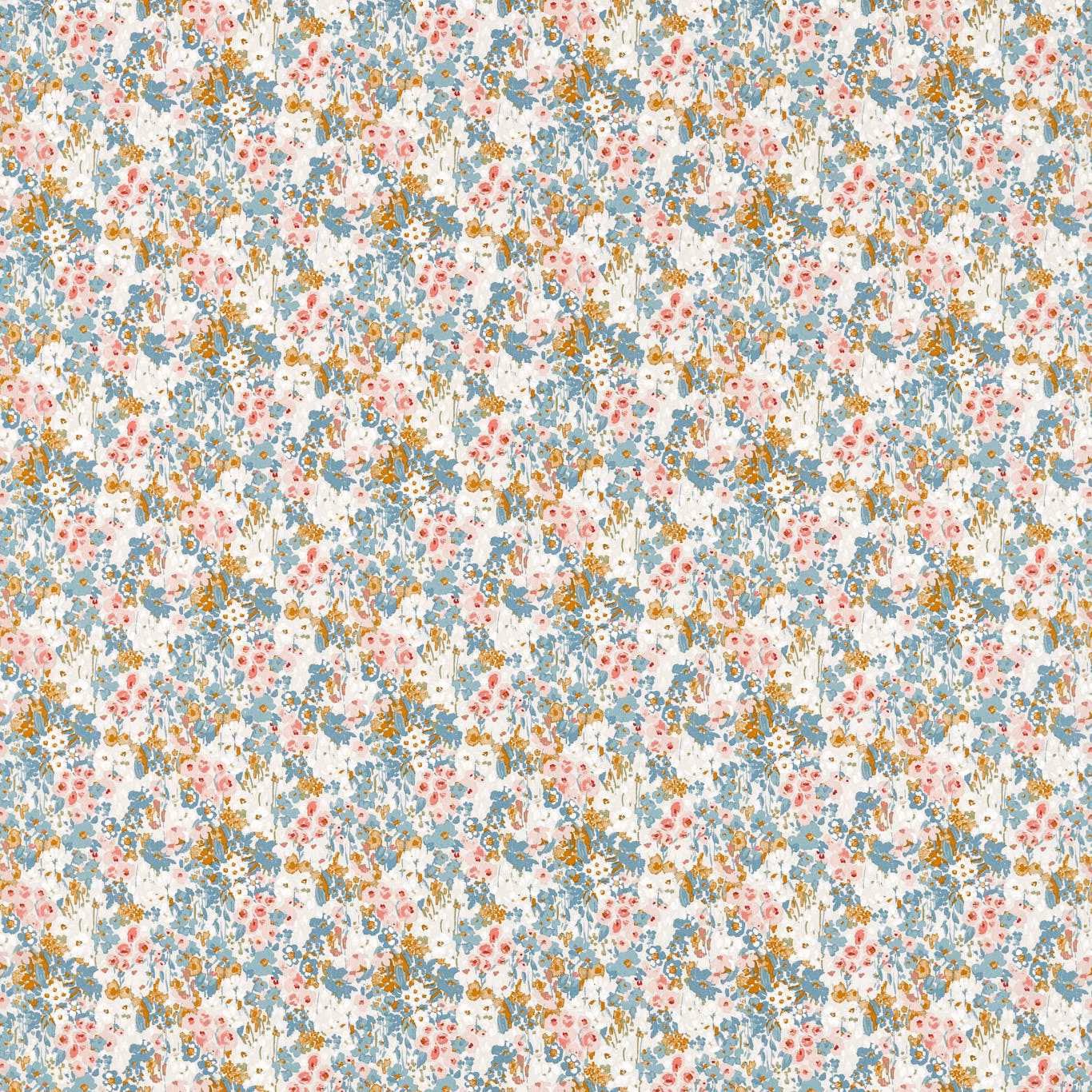 Pale blue floral textile with pink blossoms and ochre botanical sprigs on ivory