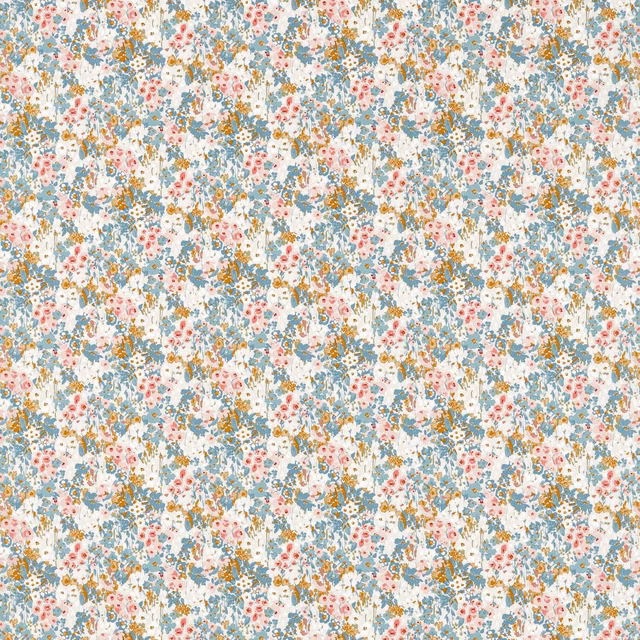 Pale blue floral textile with pink blossoms and ochre botanical sprigs on ivory