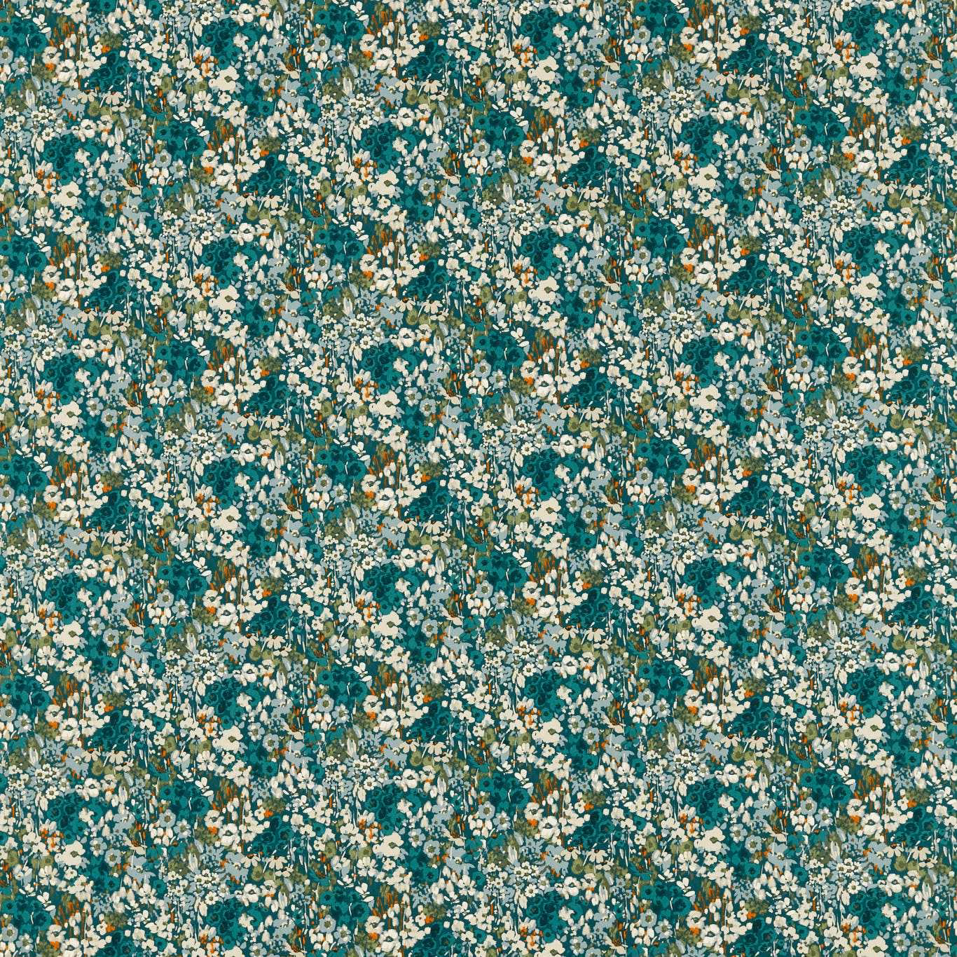 Dense cream floral sprigs and ochre flecks across a deep teal ground