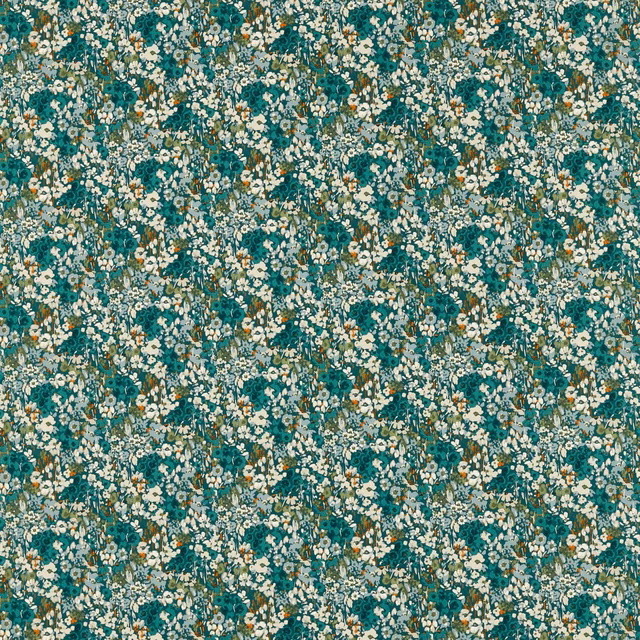 Dense cream floral sprigs and ochre flecks across a deep teal ground