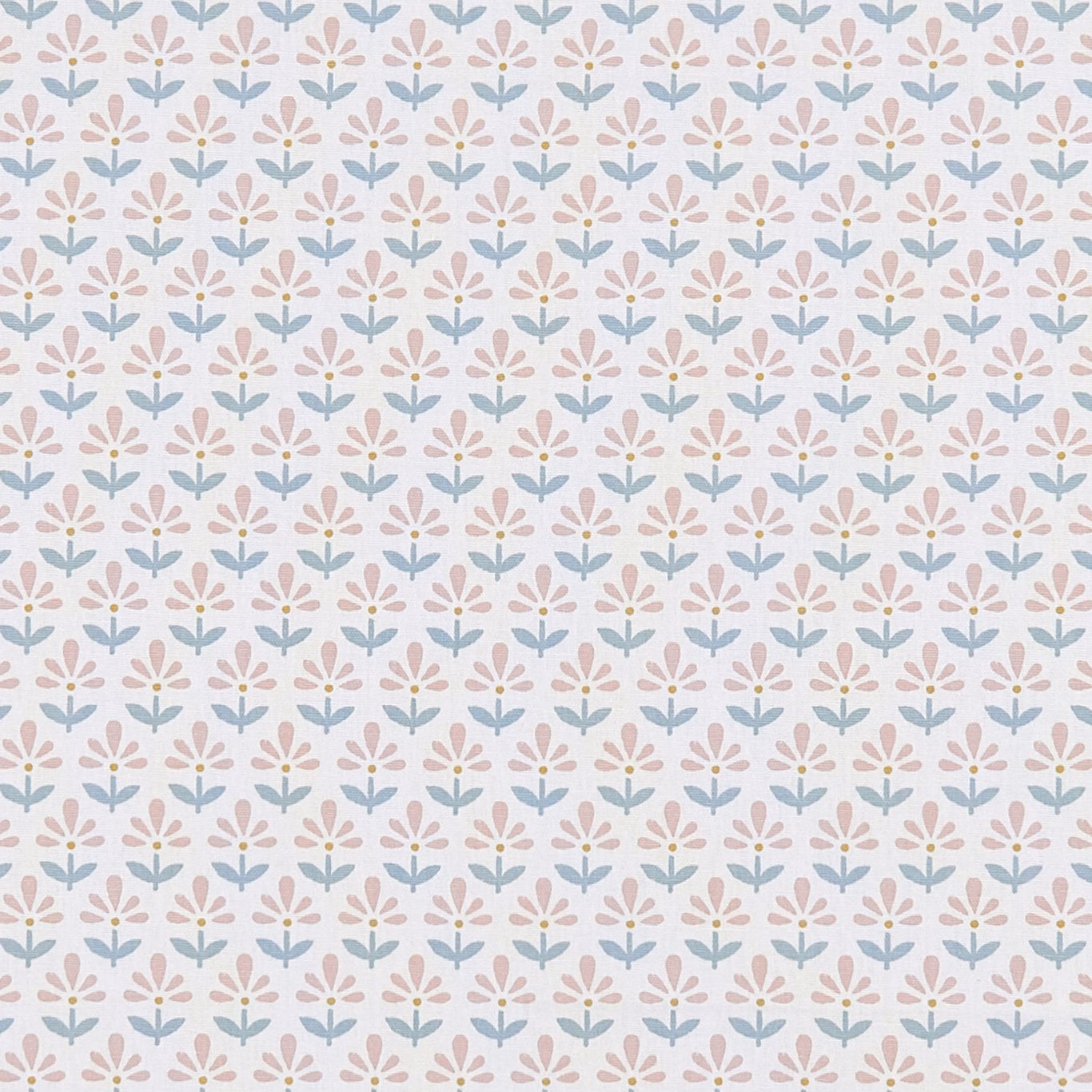 Pale blush fabric with mineral-blue and peach stylised floral sprigs