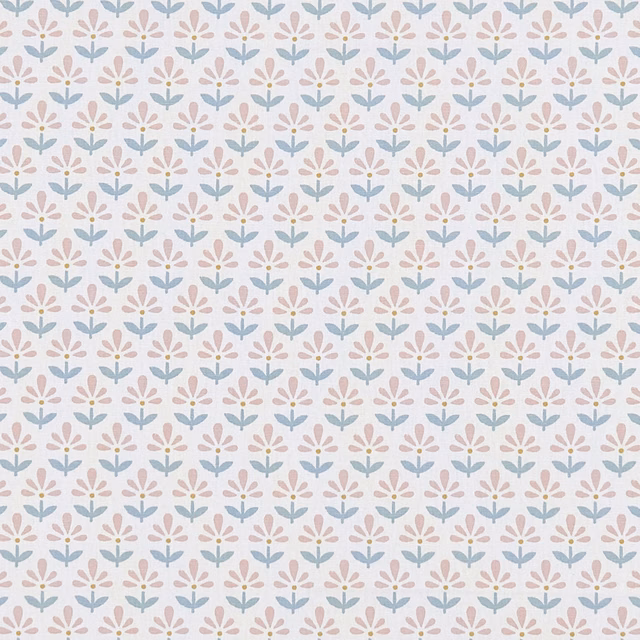Pale blush fabric with mineral-blue and peach stylised floral sprigs