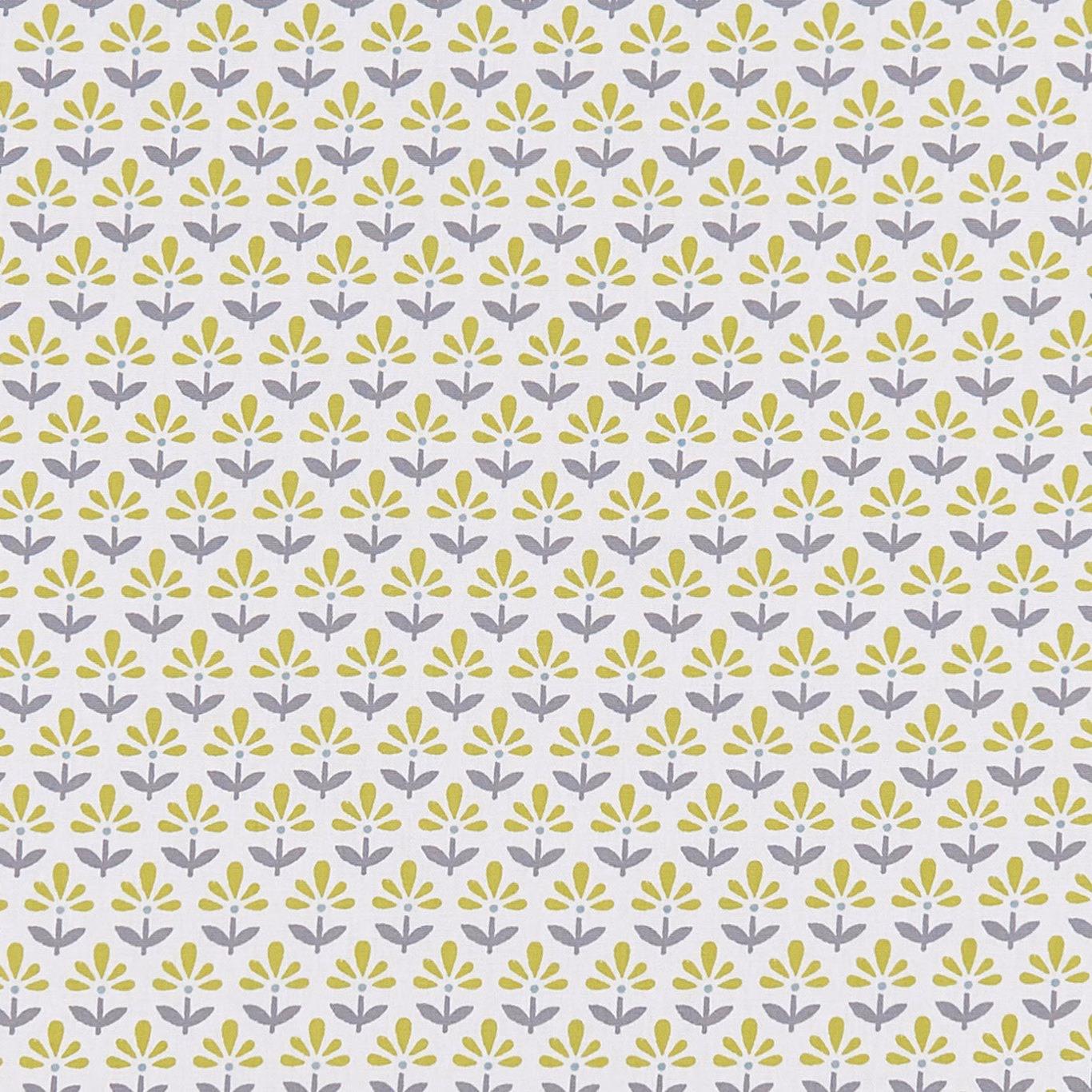 Cream fabric with repeating chartreuse and charcoal stylised floral sprigs