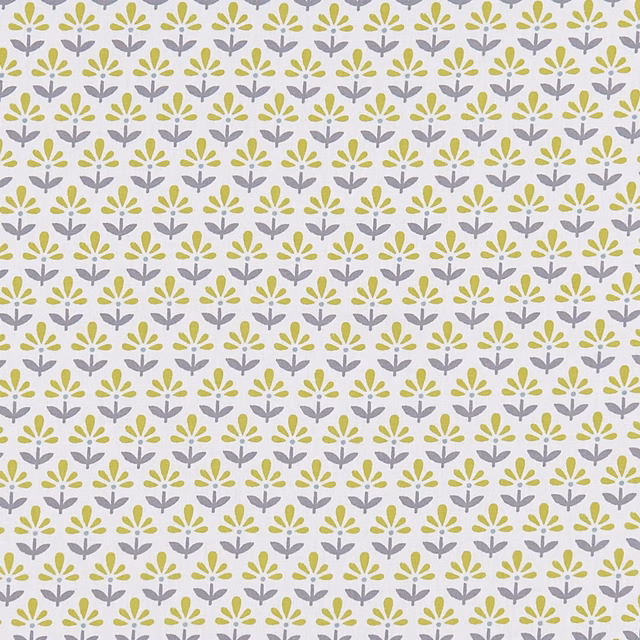 Cream fabric with repeating chartreuse and charcoal stylised floral sprigs