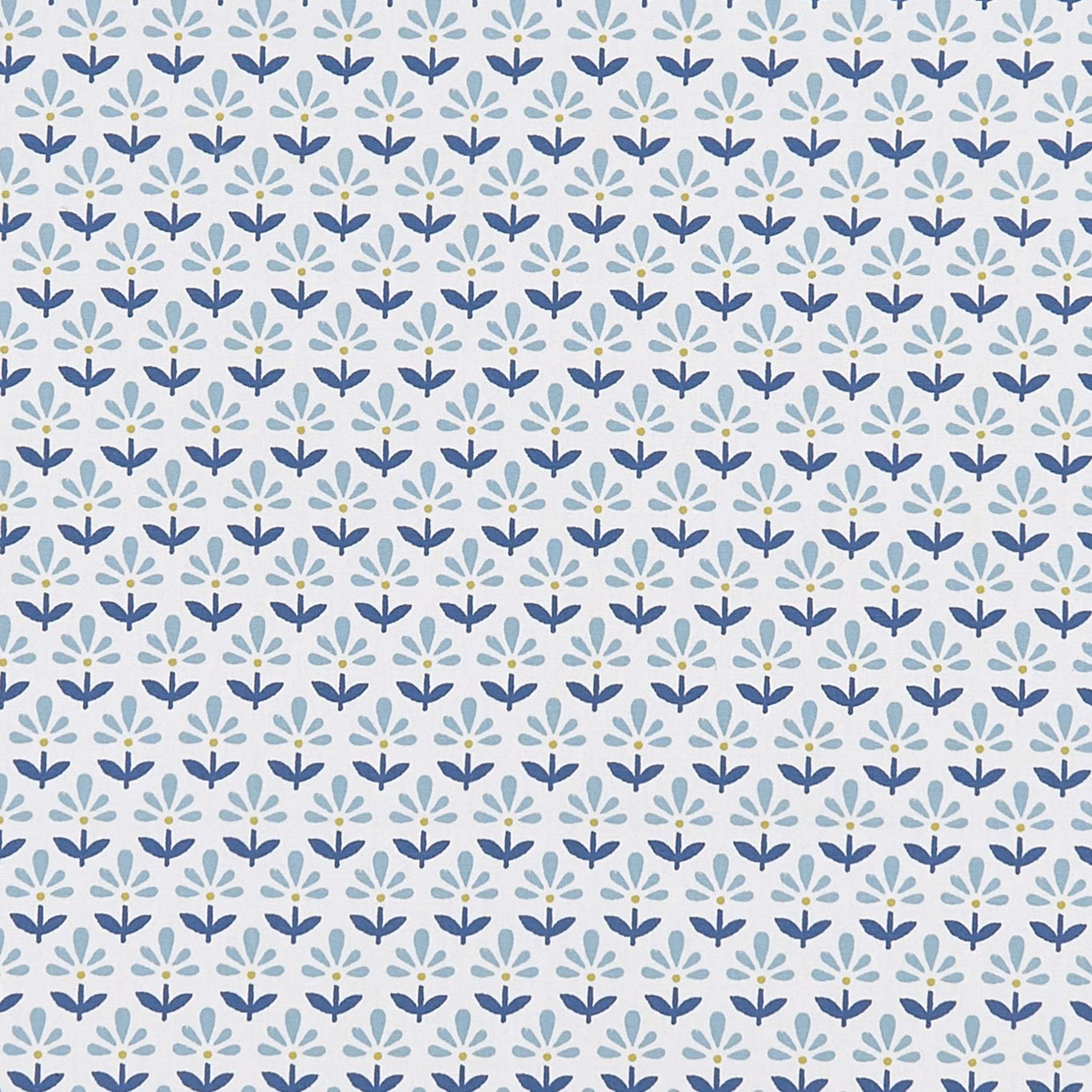 Denim-blue and pale yellow floral sprigs repeated across a pale blue fabric ground