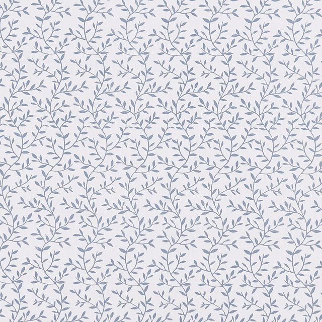 Ivory fabric with closely spaced blue-grey leafy branches in a fine botanical pattern