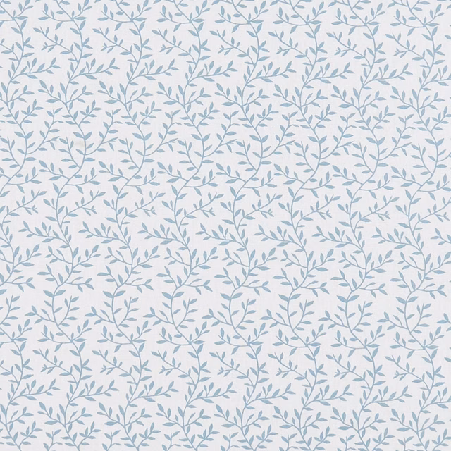 Pale ivory fabric with delicate mineral-blue leafy branches in a small repeat
