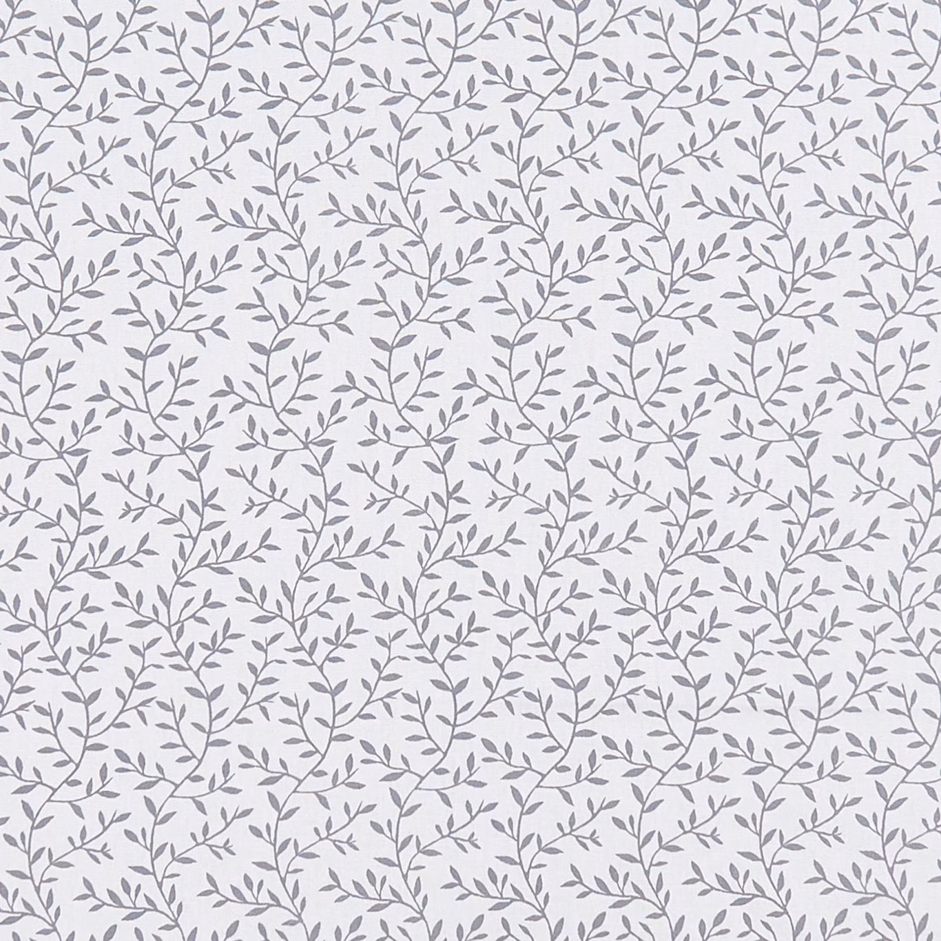 Soft grey leafy branches repeating across an ivory Lila Smoke fabric ground