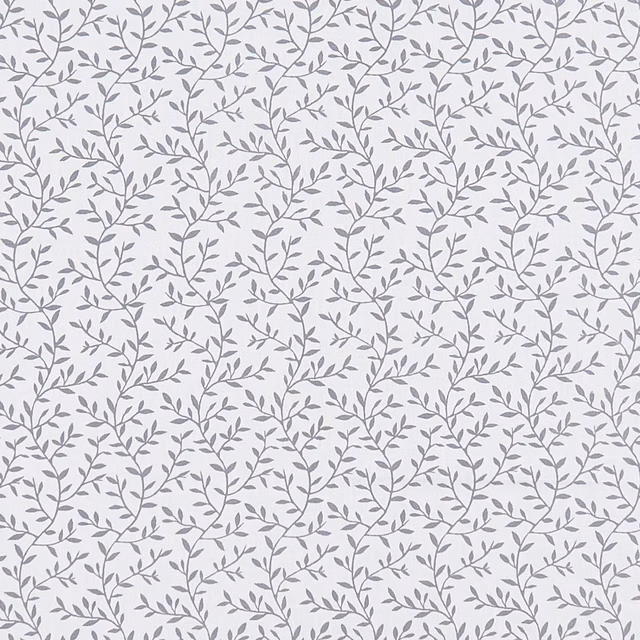Soft grey leafy branches repeating across an ivory Lila Smoke fabric ground