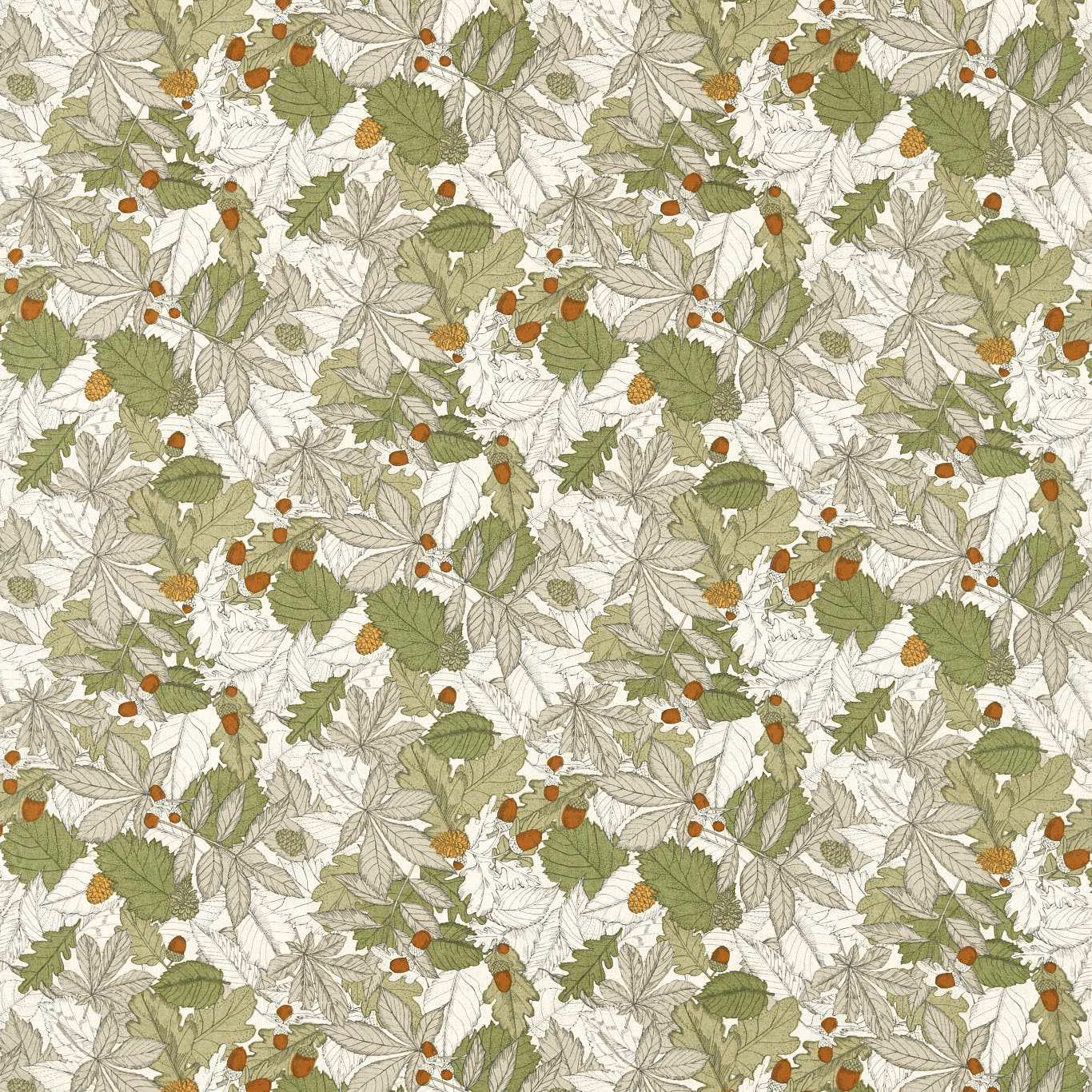 Cream botanical repeat with muted sage leaves and rust-orange spice berries