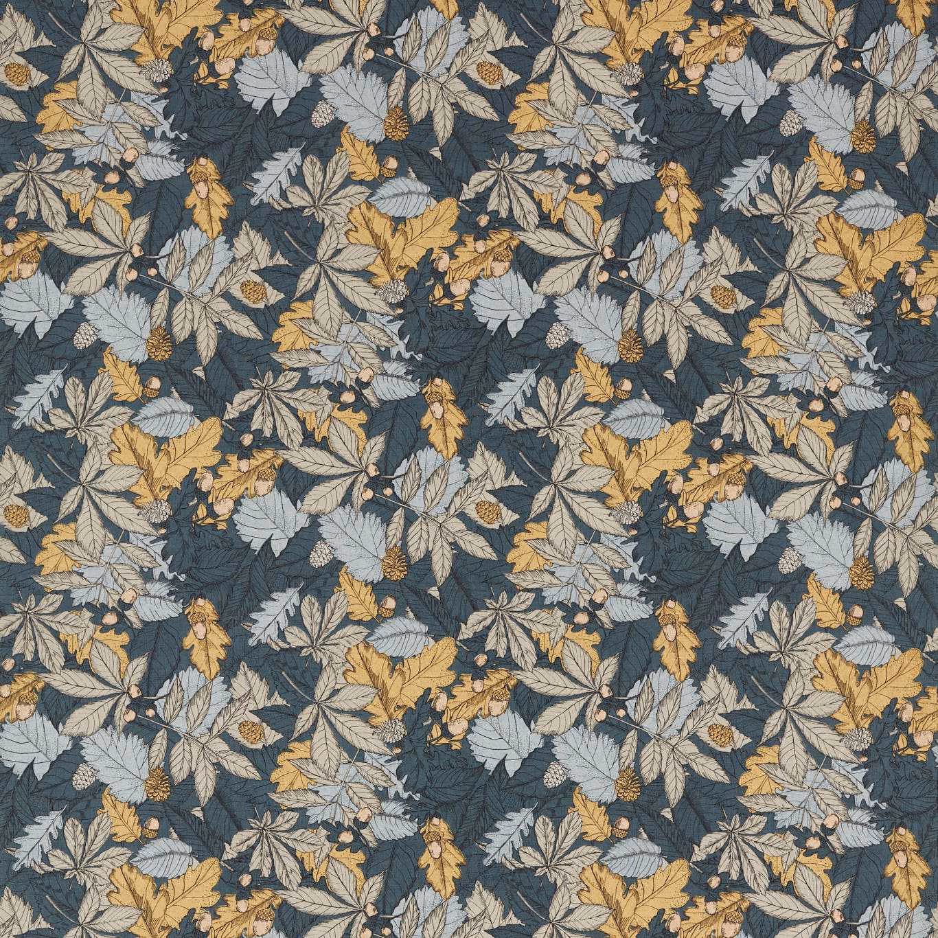 Dense ink-blue botanical fabric with grey-blue leaves and ochre foliage