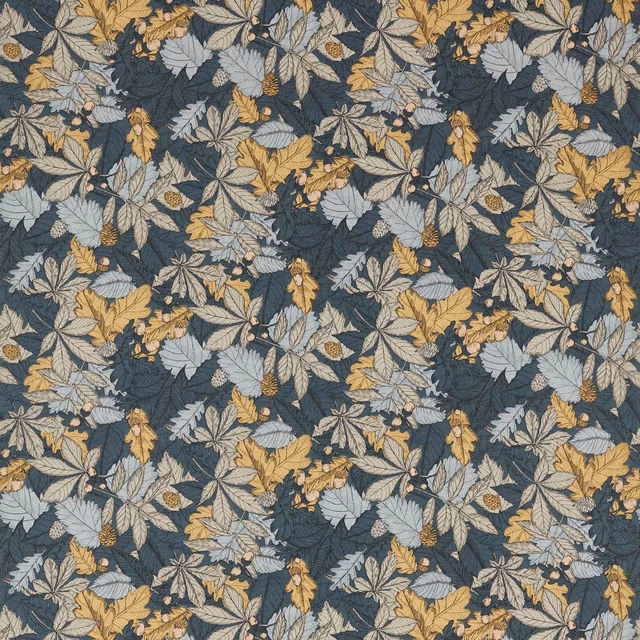 Dense ink-blue botanical fabric with grey-blue leaves and ochre foliage
