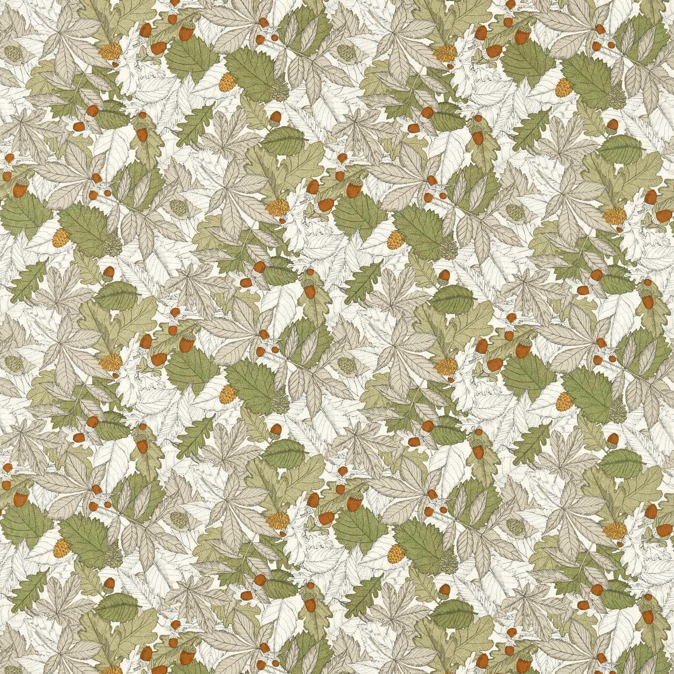Sage and olive leaf fabric with russet acorns on an ivory ground