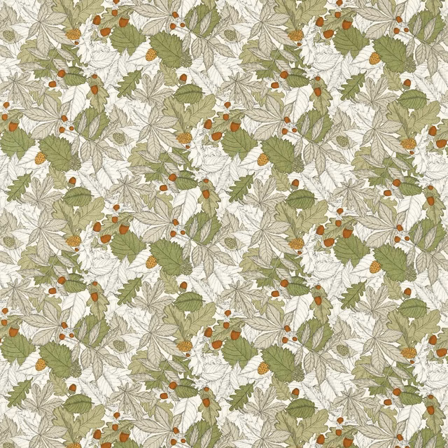 Sage and olive leaf fabric with russet acorns on an ivory ground