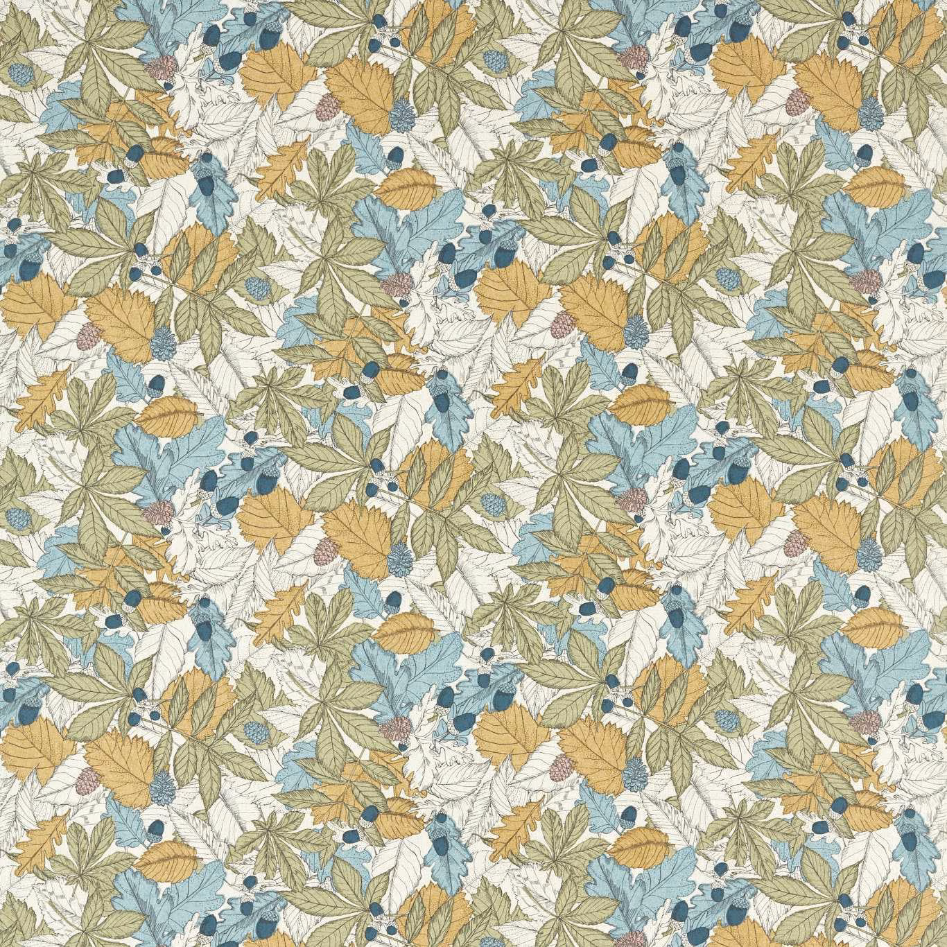 Cream botanical fabric with sage leaves, blue berries and ochre foliage