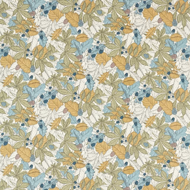Cream botanical fabric with sage leaves, blue berries and ochre foliage