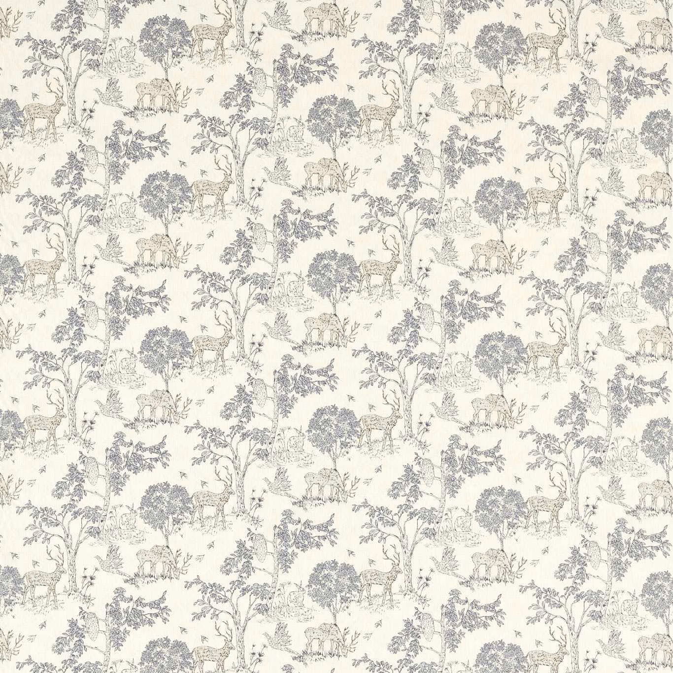 Cream toile fabric with muted ink-blue trees, animals and pastoral scenes