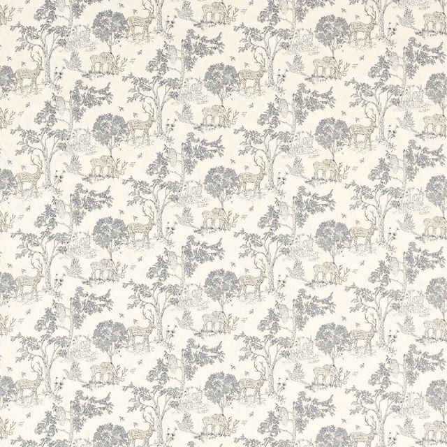 Cream toile fabric with muted ink-blue trees, animals and pastoral scenes