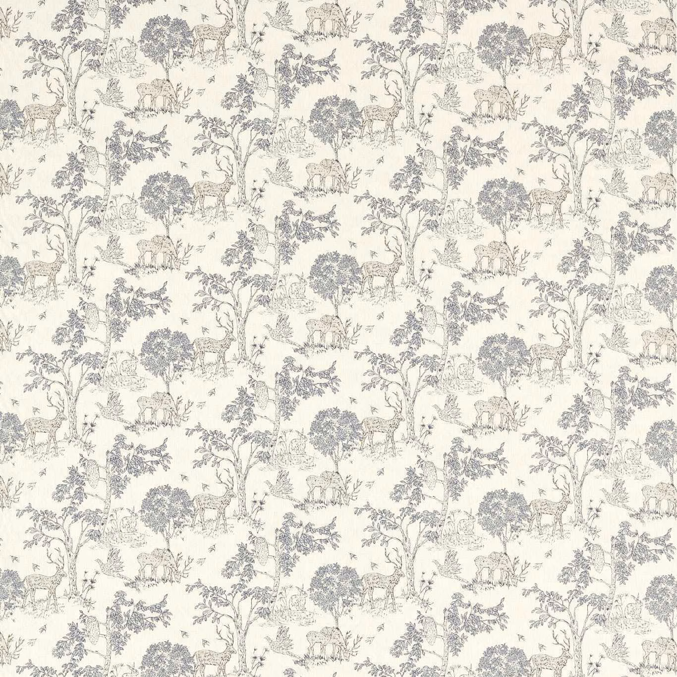 Pale cream toile fabric with dusty sage trees, foliage and small woodland animals