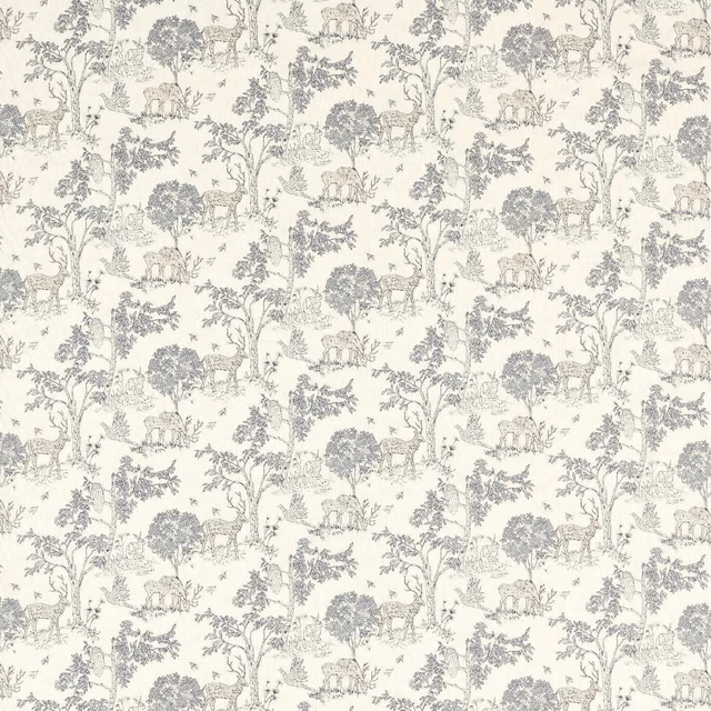 Pale cream toile fabric with dusty sage trees, foliage and small woodland animals