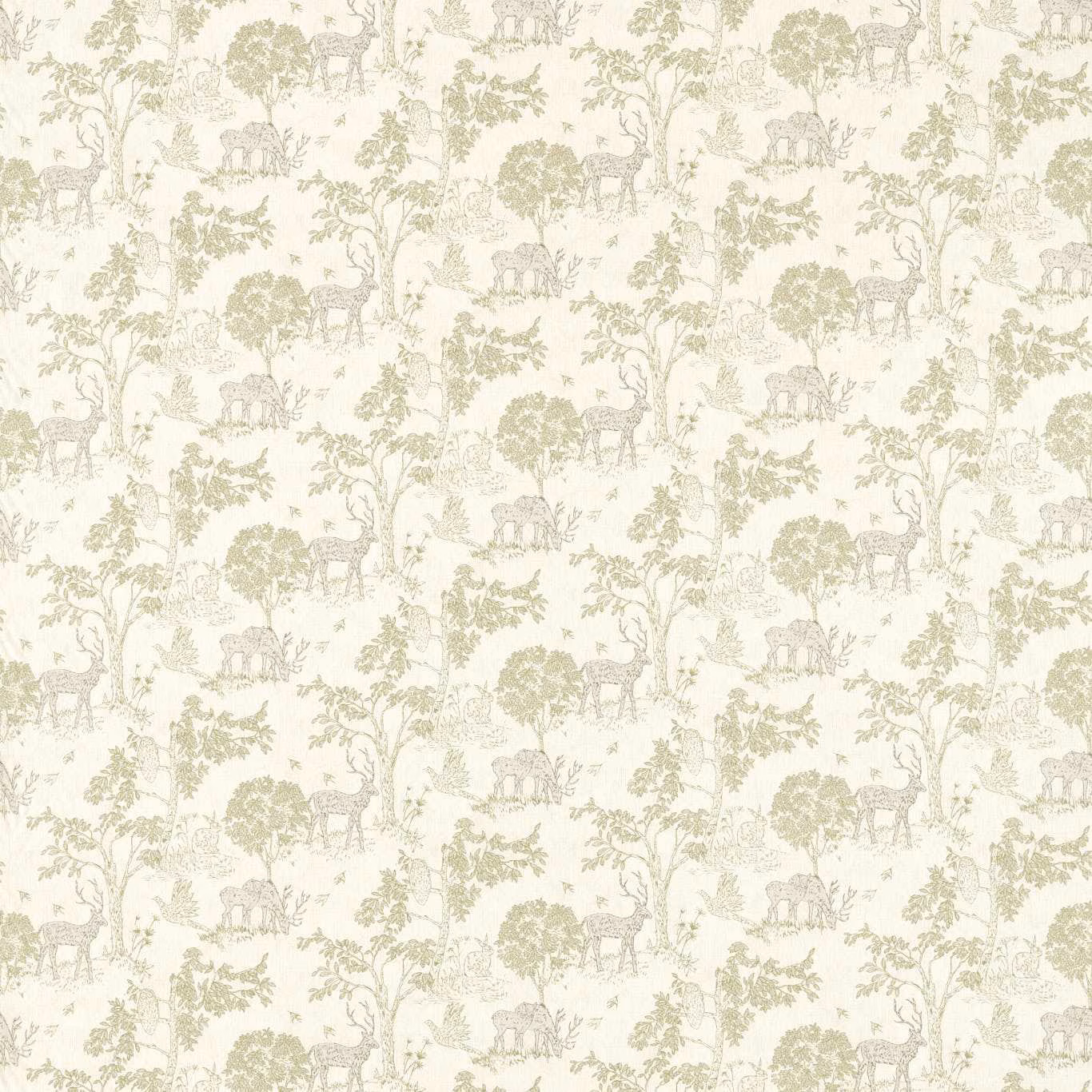 Pale sage toile with deer, trees and woodland scenes on an ivory ground