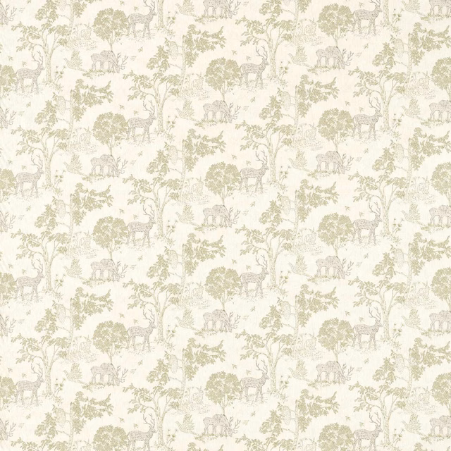 Pale sage toile with deer, trees and woodland scenes on an ivory ground