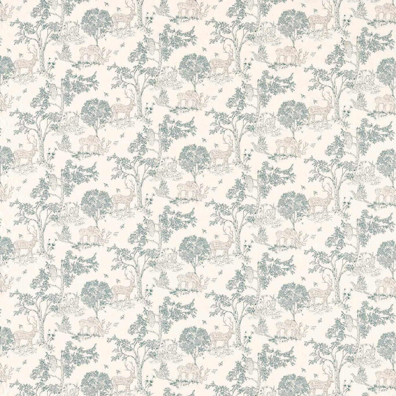 Pale ivory fabric with muted teal woodland trees and small animal motifs