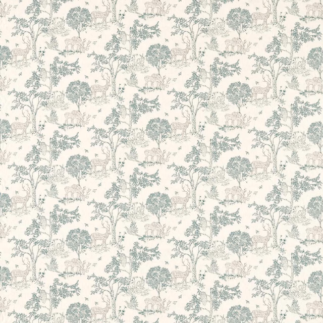 Pale ivory fabric with muted teal woodland trees and small animal motifs