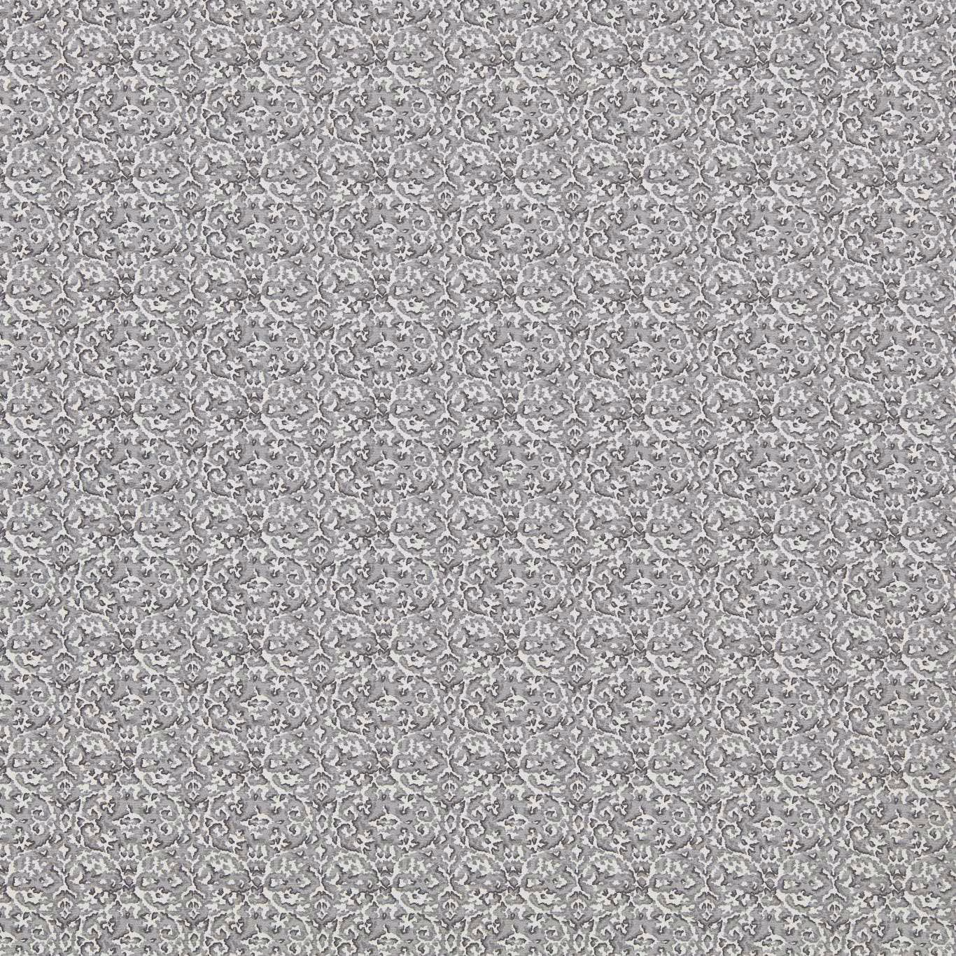 Cool graphite grey woven fabric with small pale scrolling damask motifs