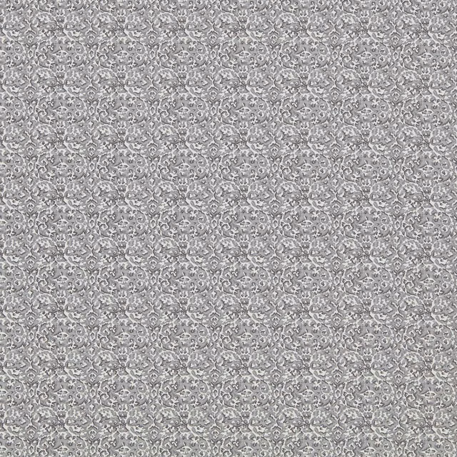 Cool graphite grey woven fabric with small pale scrolling damask motifs