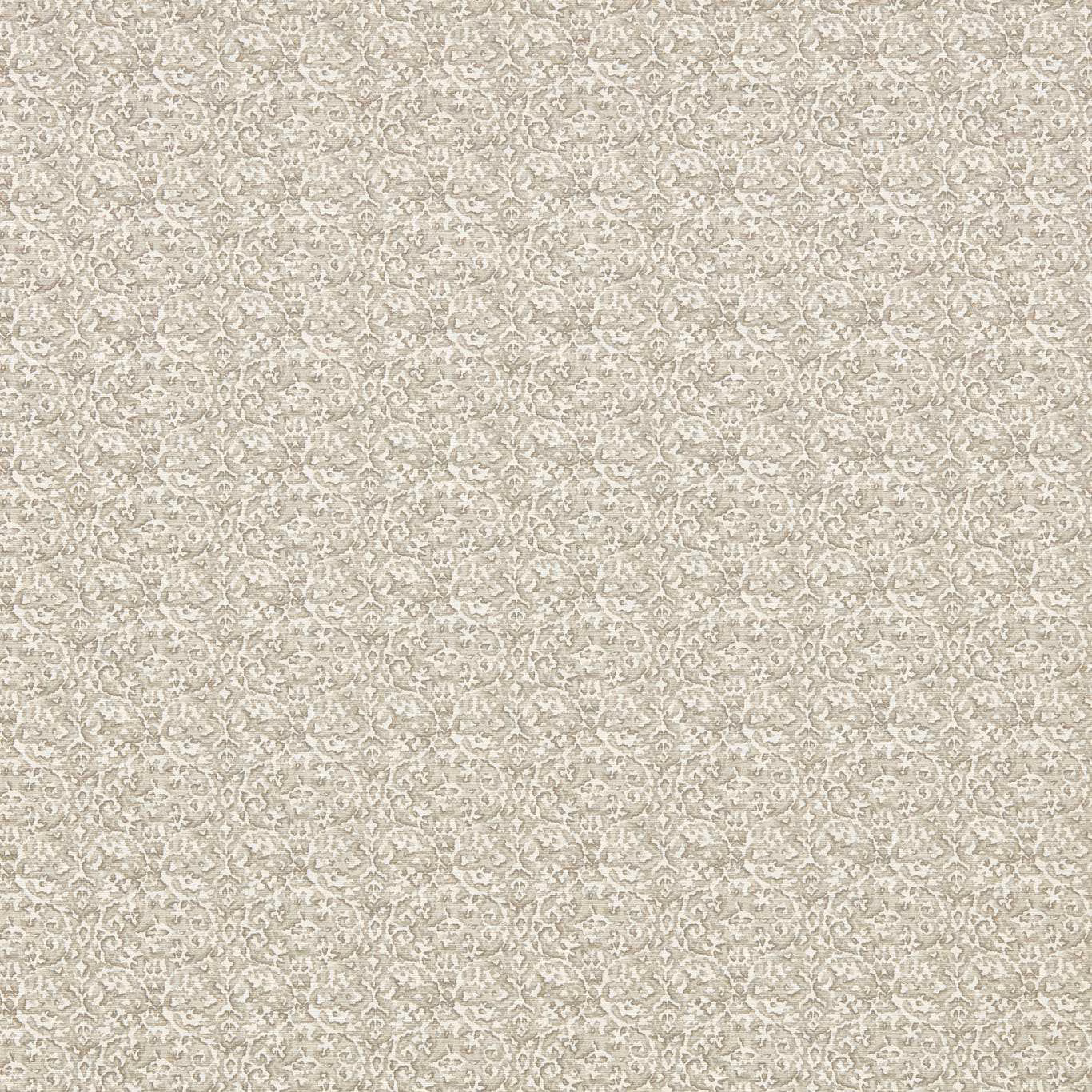Pale greige woven fabric with tiny scrolling floral motifs and softly textured surface