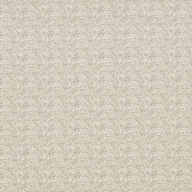 Pale greige woven fabric with tiny scrolling floral motifs and softly textured surface