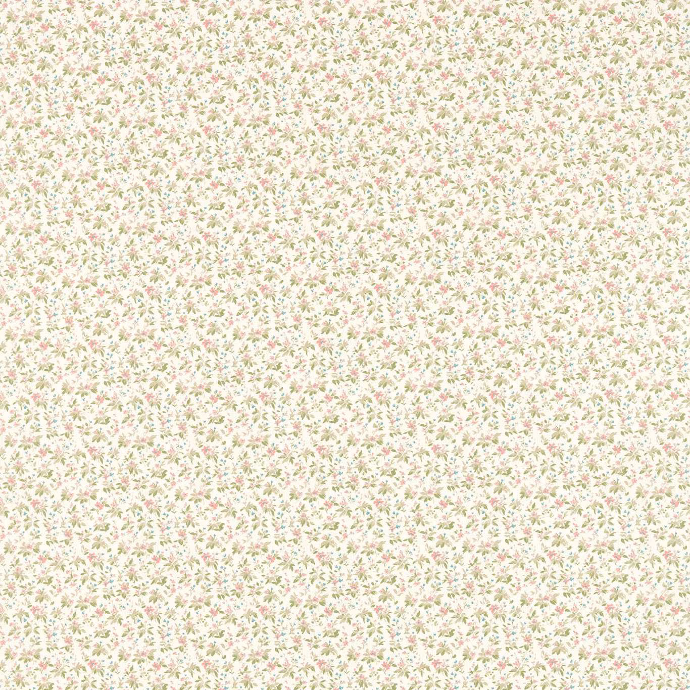 Dense blush pink and sage floral sprigs on a warm ivory fabric ground