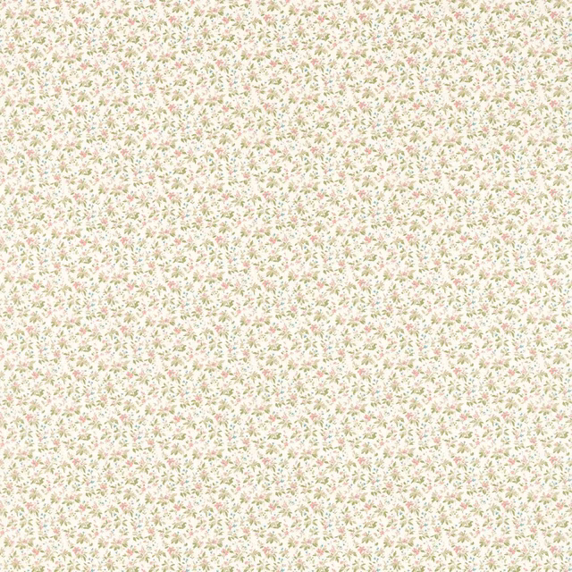 Dense blush pink and sage floral sprigs on a warm ivory fabric ground