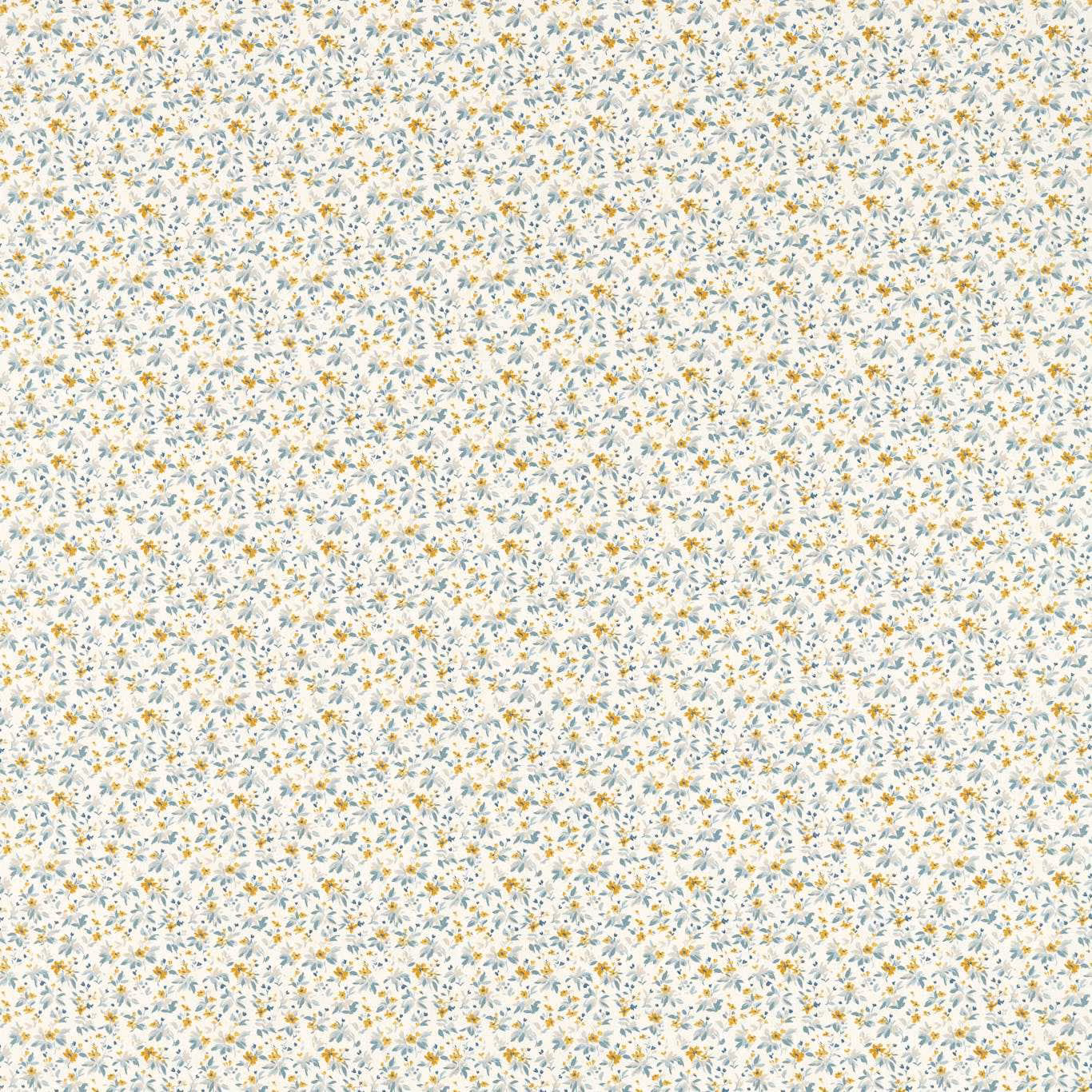Cream floral fabric with tiny saffron yellow and ink blue scattered sprigs