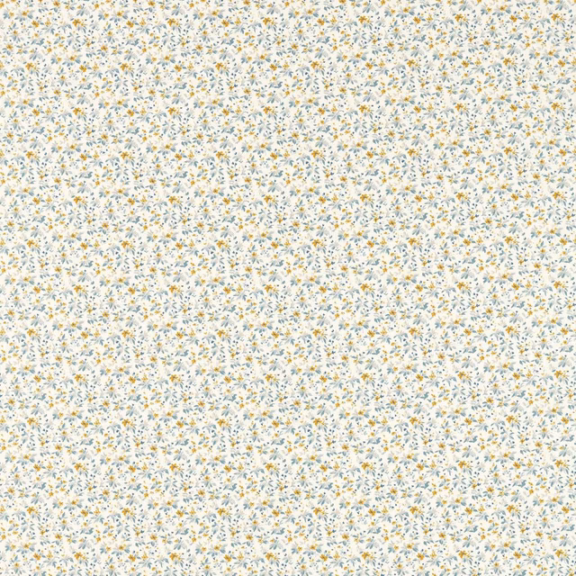 Cream floral fabric with tiny saffron yellow and ink blue scattered sprigs