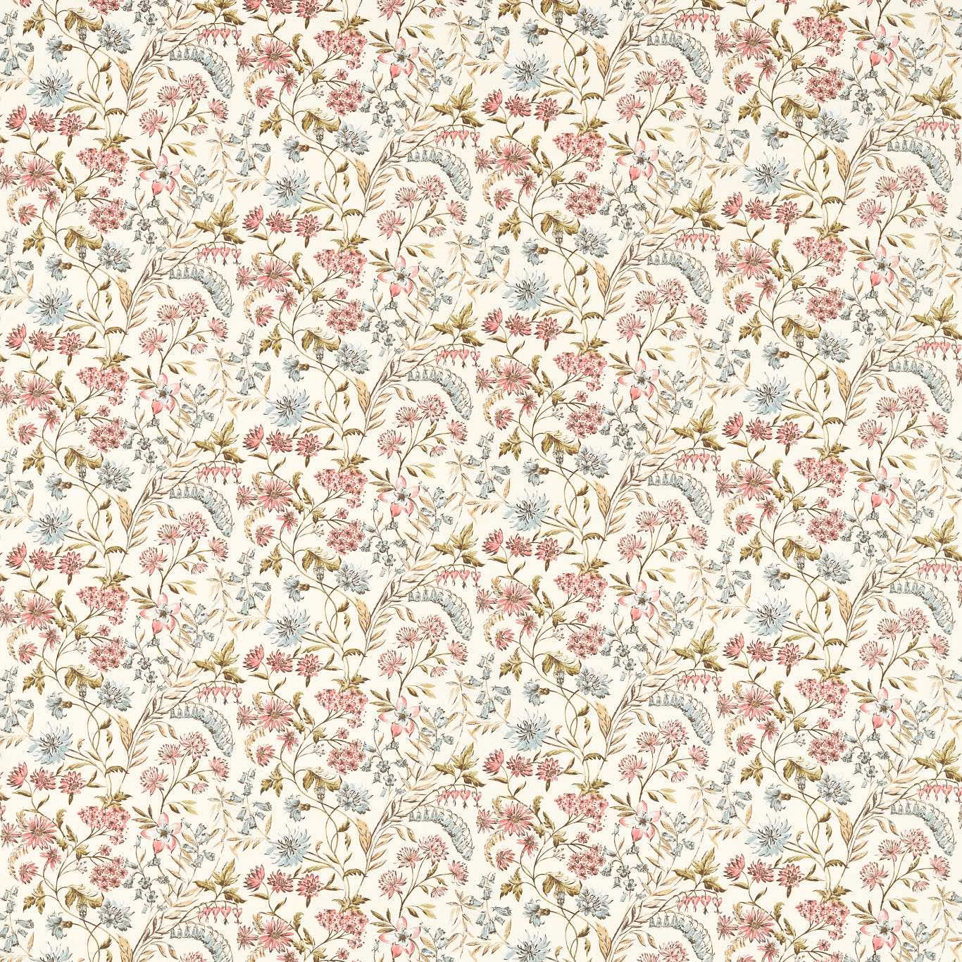Blush pink and blue botanical sprigs with olive stems on a cream ground