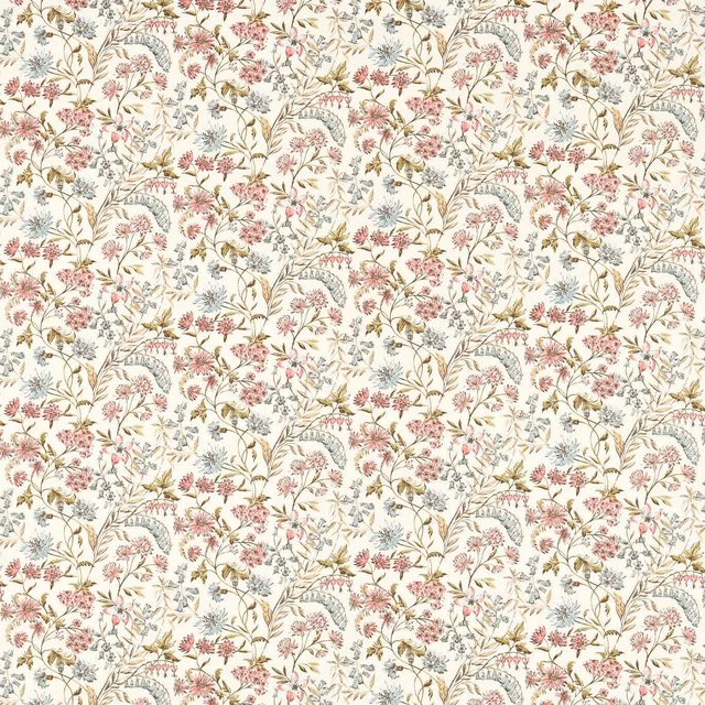 Blush pink and blue botanical sprigs with olive stems on a cream ground