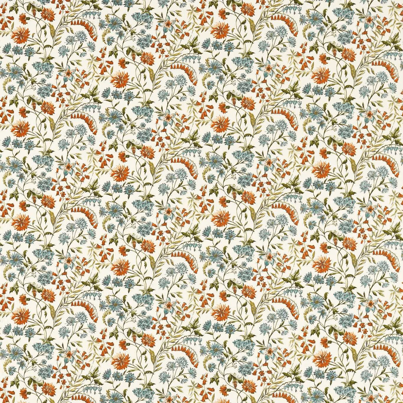 Mineral-cream botanical fabric with teal fronds, spice flowers and olive stems