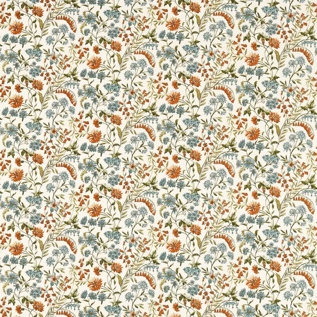 Mineral-cream botanical fabric with teal fronds, spice flowers and olive stems