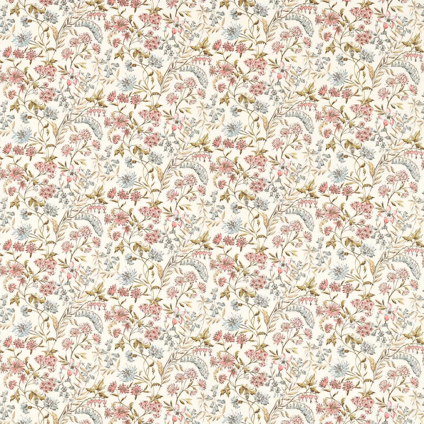 Soft cream floral fabric with dusty pink blooms and blue-grey trailing foliage