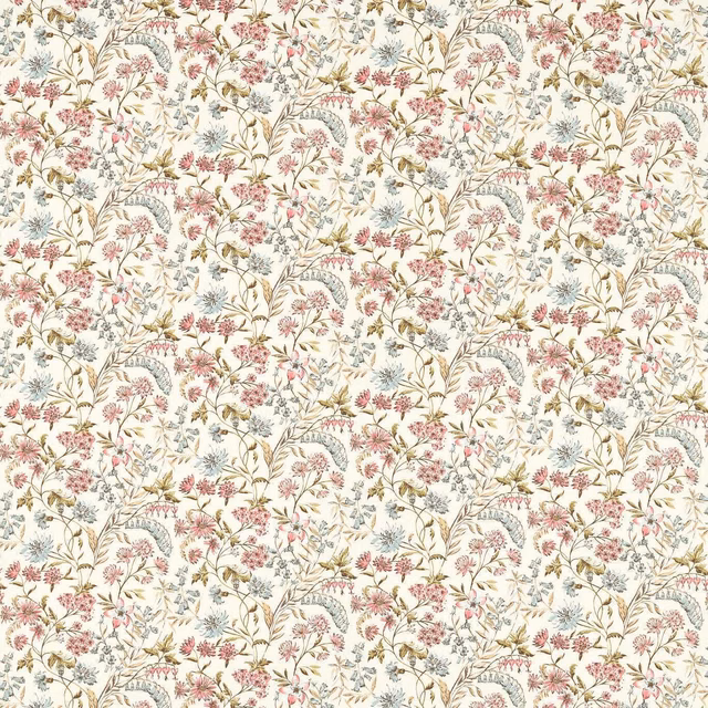 Soft cream floral fabric with dusty pink blooms and blue-grey trailing foliage