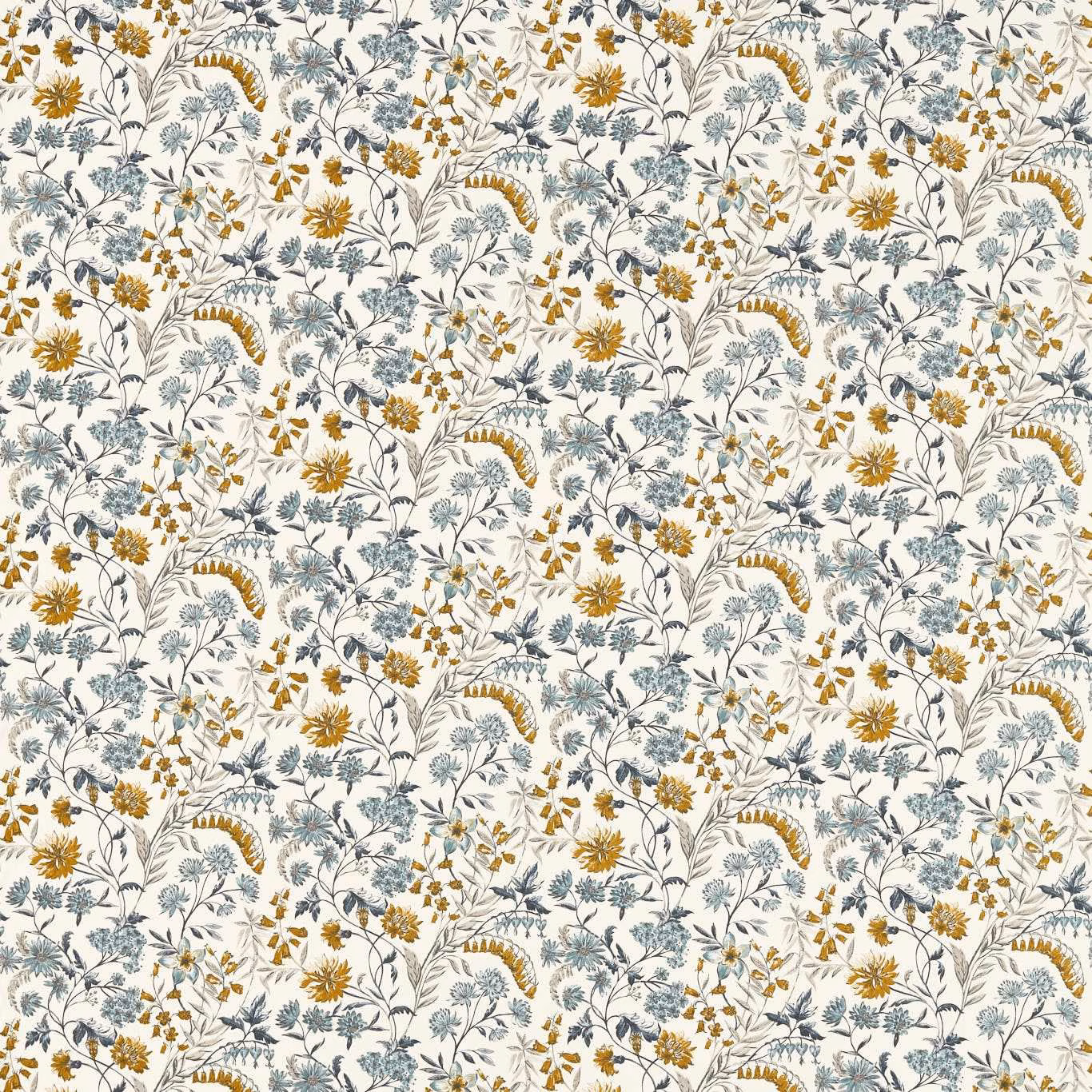 Mineral botanical fabric with saffron flowers and blue-grey fern-like foliage
