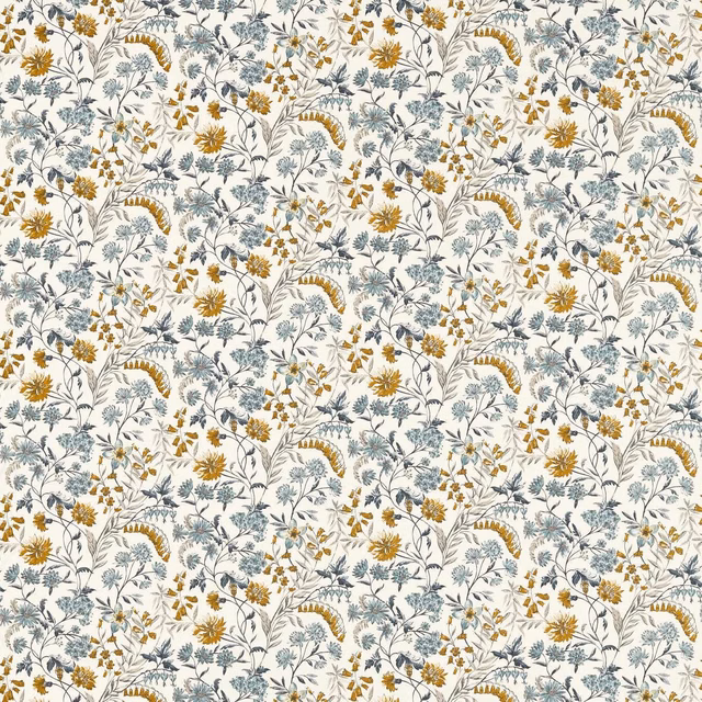 Mineral botanical fabric with saffron flowers and blue-grey fern-like foliage